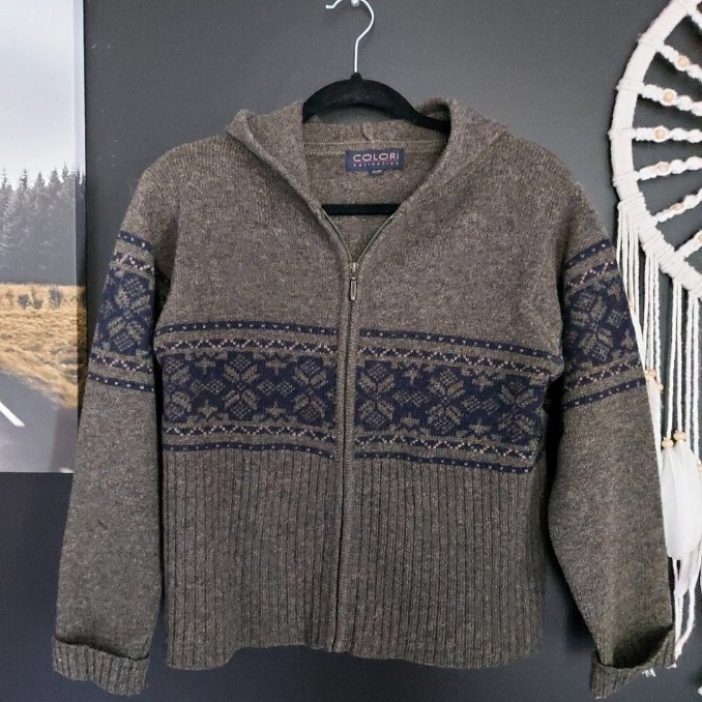 VINTAGE 100% WOOL KAKI & NAVY Zipper Hoodie Knit